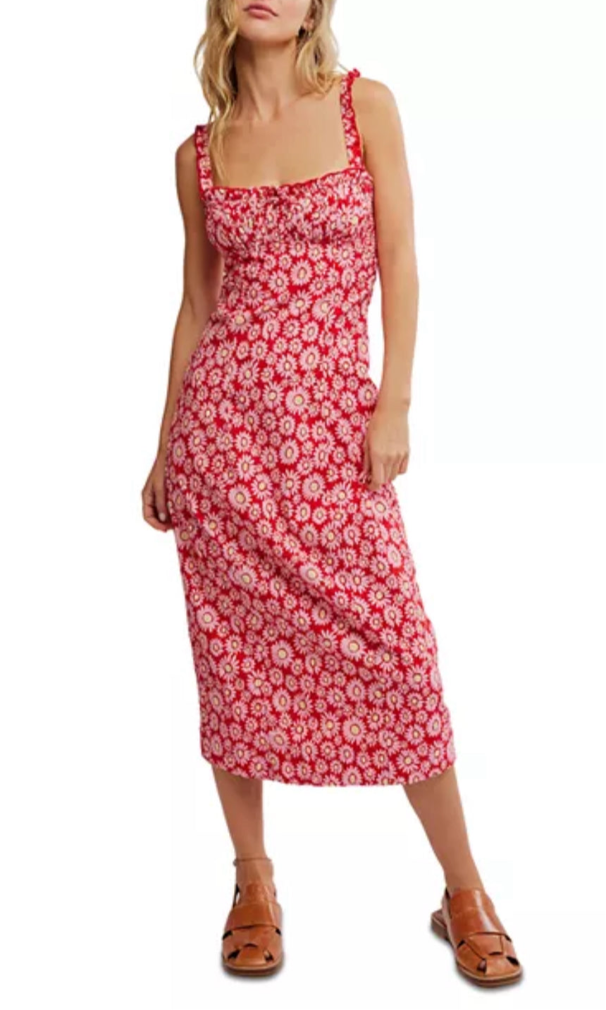 Red Floral Daisy Midi Dress